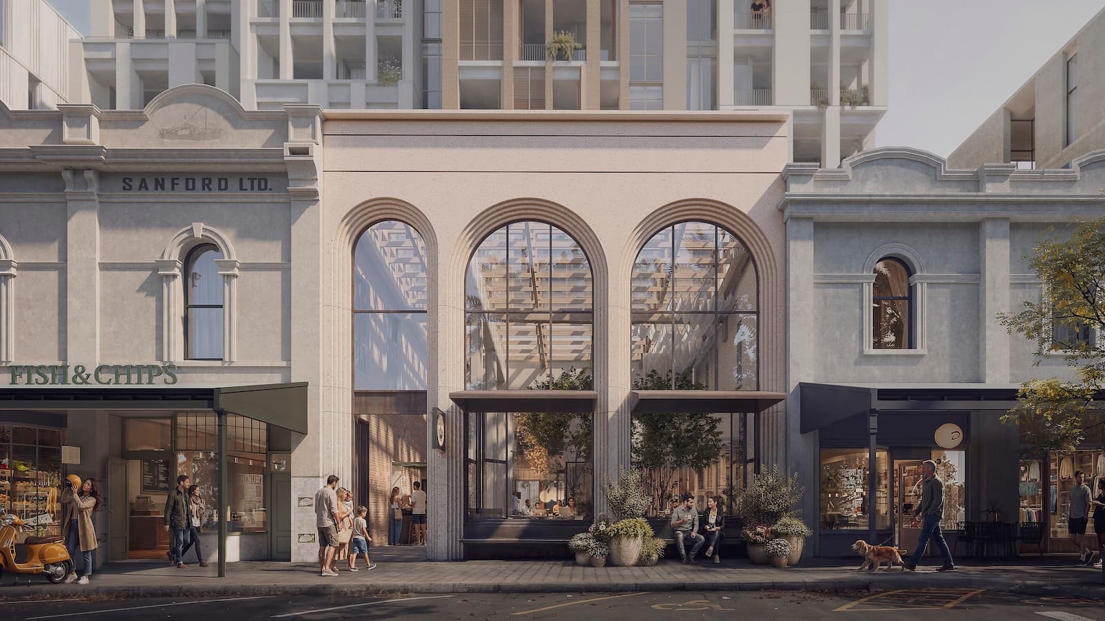 On the former Auckland Savings Bank site, a new covered entry creates a generous open air threshold into Devonport Lanes, a place to arrive, meet, linger and watch the village unfold.