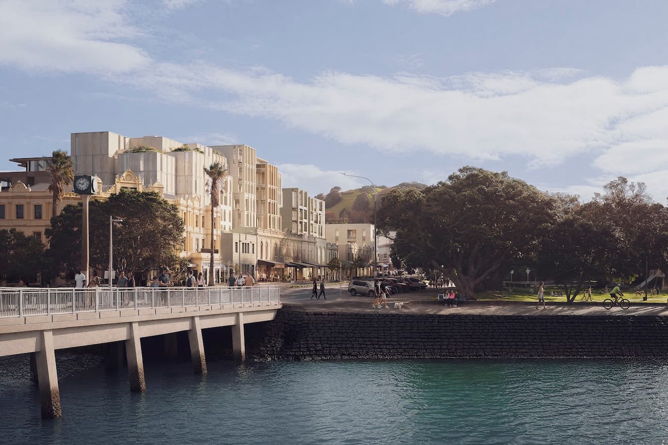 From the harbour, Devonport Lanes is seen in conversation with Windsor Reserve, the ferry, the waterfront and Takarunga / Mount Victoria, strengthening Devonport’s connection between moana, maunga and village life.